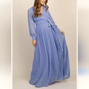 Periwinkle Lilac Chiffon Long Sleeve Pleated Maternity Maxi Dress 3xl